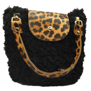 Leopard Noir Χειροποίητη Πλεκτή Τσάντα Χειρός από Νήμα Προβατάκι με Λεοπάρ Κιτ
